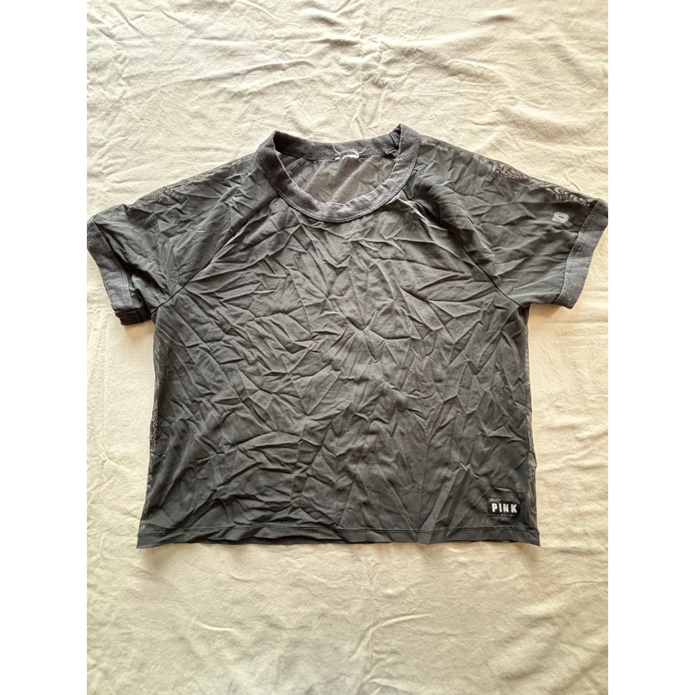 Victoria's Secret PINK Sheer Mesh Crop Top Black Short Sleeve Crew Neck Small